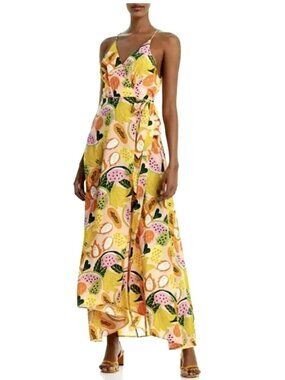 Aqua Yellow Fruit Print Wrap Maxi Dress Asymmetrical Hem Sz XS New